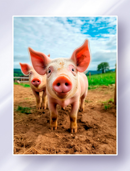 两头小猪在农场里蓝天白云草地土壤摄影家禽