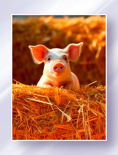 夕阳下趴在农场干草堆上的一头猪家禽动物摄影图畜牧业