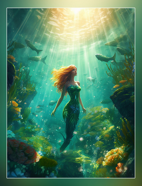 迷人阳光照射在海洋上风格安徒生童话美人鱼插图