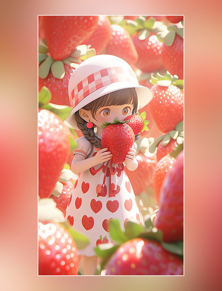 粉色草莓女孩皮克斯潮流夏天夏日立夏凉爽清爽小孩手里拿着一个草莓大暑小暑