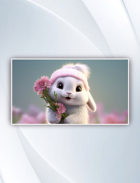 一只小白兔捧着花横图插画