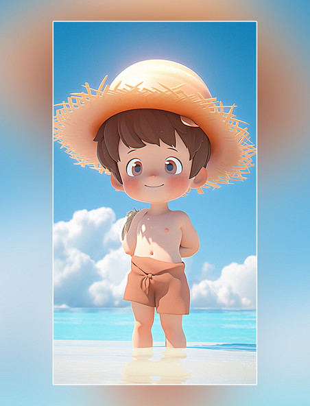 海边沙滩度假夏季一个可爱的小男孩夏天凉爽清爽在沙滩上3d皮克斯潮流c4d