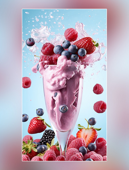 水果冰块桃子樱桃草莓葡萄水果糖梦幻般的产品摄影一杯冰淇淋和雪盖奶昔饮料