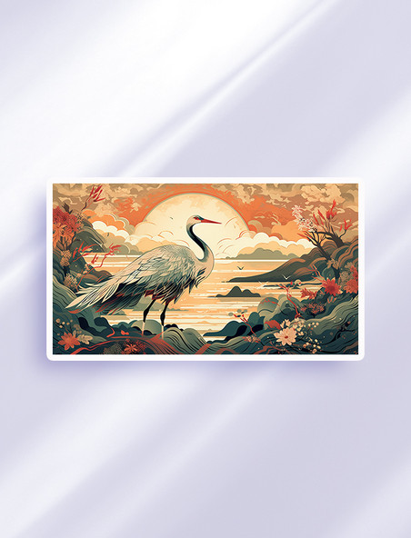 中国画图腾场景异兽白鹤插画