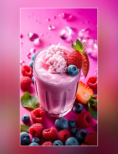 产品摄影一杯冰淇淋和雪盖奶昔饮料水果冰块桃子樱桃草莓葡萄水果糖梦幻般