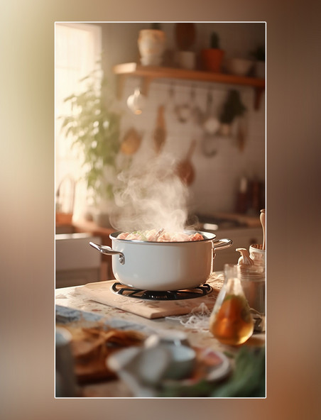 淡白色风格温暖的环境风格室内桌子上的一道烹饪菜梦幻的氛围