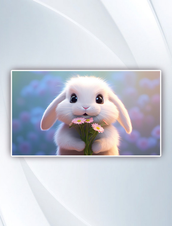 一只卡通可爱的3D毛绒兔子形象拿着花束插画
