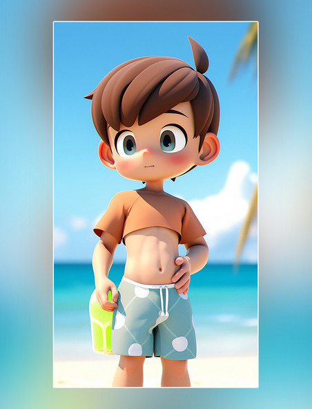 夏季沙滩度假一个可爱的小男孩夏天凉爽清爽在沙滩上3d皮克斯潮流popmart盲盒c4d