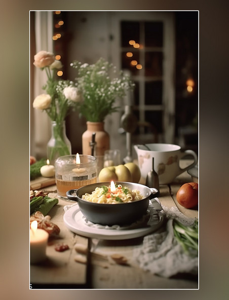 室内温暖的环境风格梦幻的氛围桌子上的一道烹饪菜淡白色风格