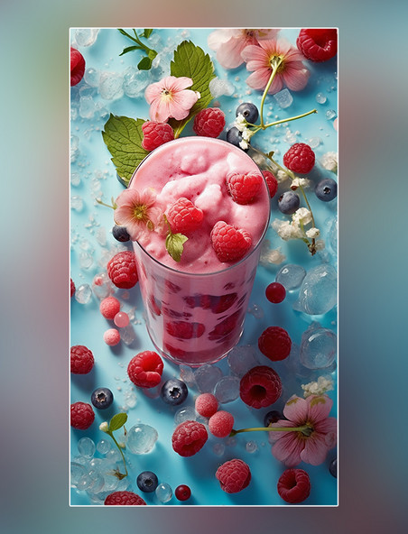 产品摄影一杯冰淇淋和雪盖奶昔饮料水果冰块桃子樱桃