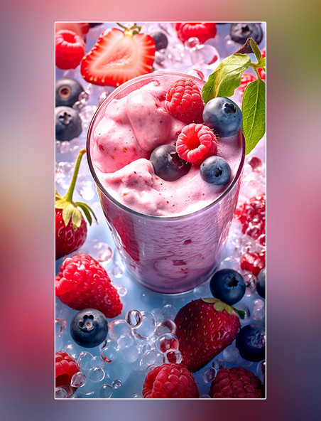 冰淇淋雪盖奶昔饮料水果冰块桃子樱桃草莓葡萄梦幻般的产品摄影