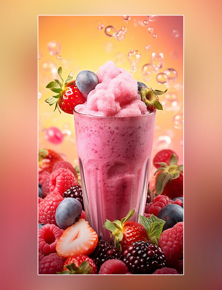 产品摄影一杯冰淇淋和雪盖奶昔饮料水果冰块桃子樱桃草莓葡萄
