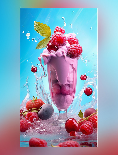 冰淇淋和雪盖奶昔饮料水果冰块桃子樱桃草莓葡萄