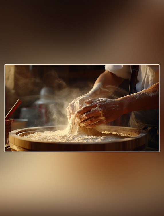 面食蛋糕师在揉面面粉面包摄影图