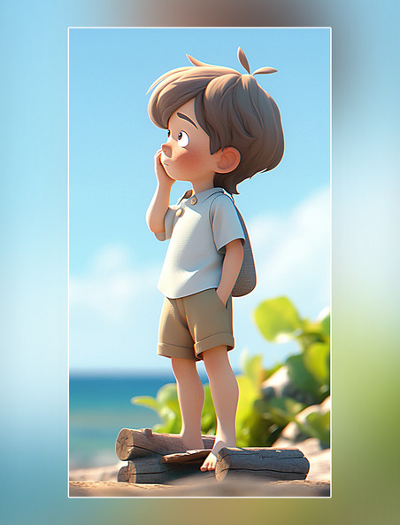 夏季沙滩度假一个可爱的小男孩夏天凉爽清爽在沙滩上3d皮克斯潮流popmart盲盒