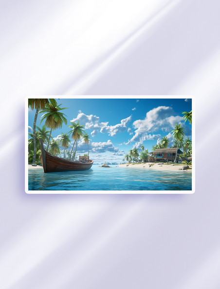 海边椰子树海滩自然美景插画