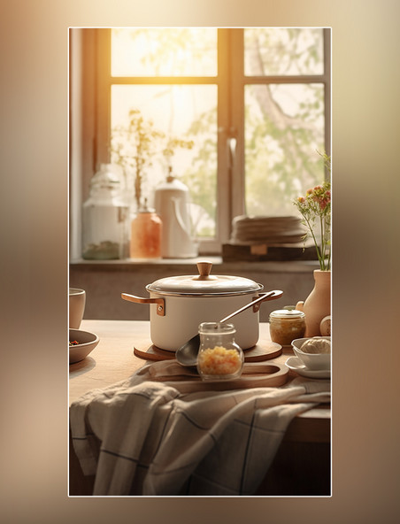 淡白色风格室内桌子上的一道烹饪菜温暖的环境风格梦幻的氛围