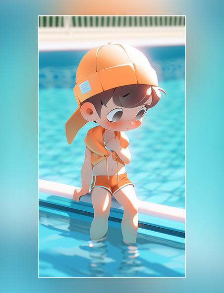 夏季游泳池一个可爱的小男孩夏天凉爽清爽在泳池旁边
