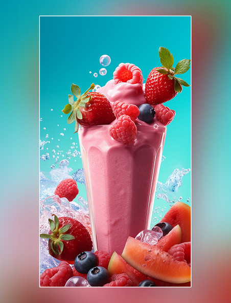 草莓葡萄水果糖梦幻般的产品摄影一杯冰淇淋和雪盖奶昔饮料水果冰块桃子樱桃
