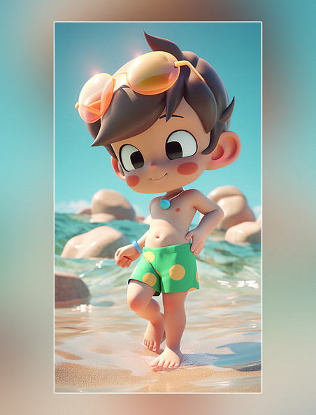 夏天凉爽清爽在沙滩上3d皮克斯潮流c4d夏季海边沙滩度假一个可爱的小男孩