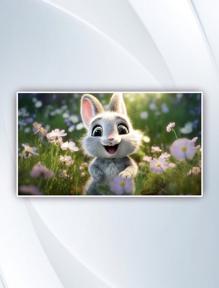 草地上有一只卡通可爱的3D毛绒兔子形象插画