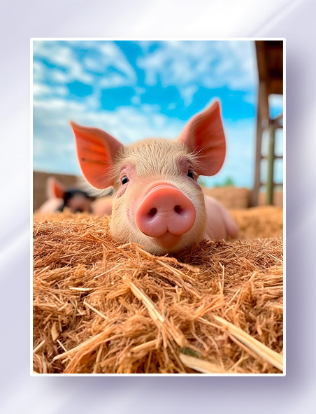 蓝天白云下的农场干草堆上趴着一头小猪家禽摄影