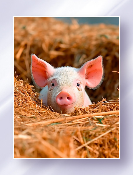 一头可爱的小猪趴在农场牧场里的干草堆上