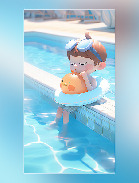 夏季游泳池一个可爱的小男孩夏天凉爽清爽在泳池旁边popmart盲盒c4d