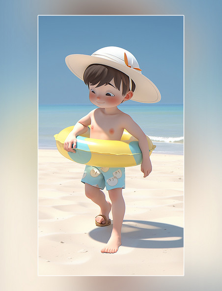夏季海边沙滩度假一个可爱的小男孩夏天凉爽清爽