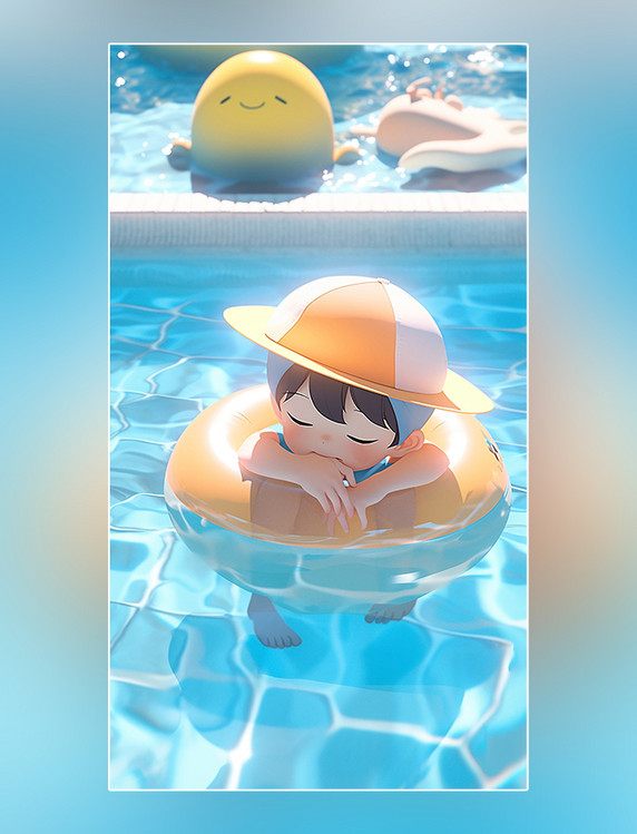 夏天游泳池一个可爱的小男孩夏天凉爽清爽在泳池旁边3d皮克斯潮流c4d