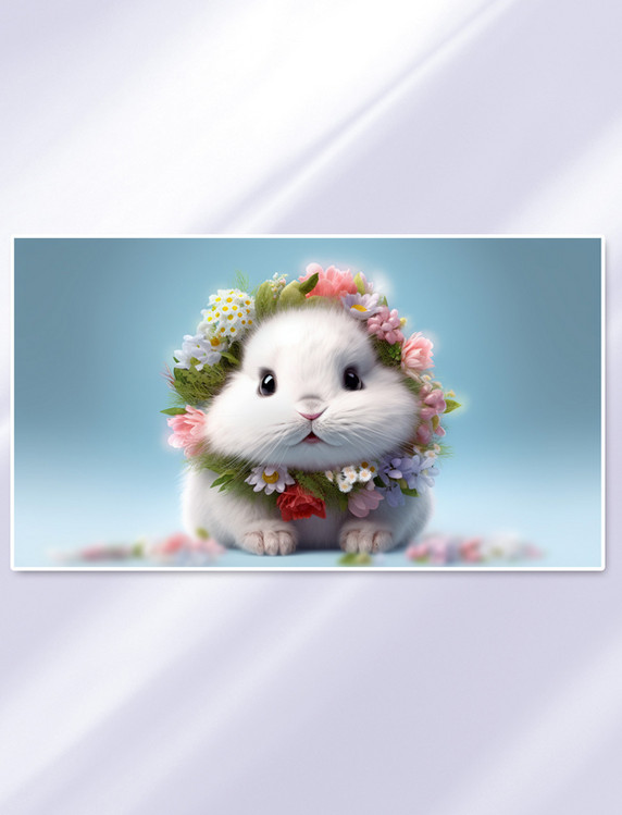 一只卡通可爱的3D毛绒兔子形象戴着花环插画
