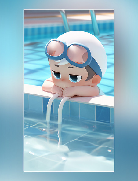 夏季游泳池一个可爱的小男孩夏天凉爽清爽在泳池旁边3d皮克斯潮流c4d