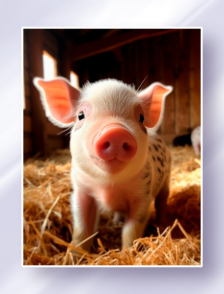一只花斑小猪站在农场里的甘草上摄影图家禽动物畜牧业