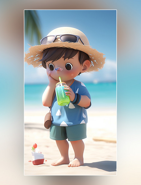 夏季海边沙滩度假一个可爱的小男孩夏天凉爽清爽在沙滩上3d皮克斯潮流