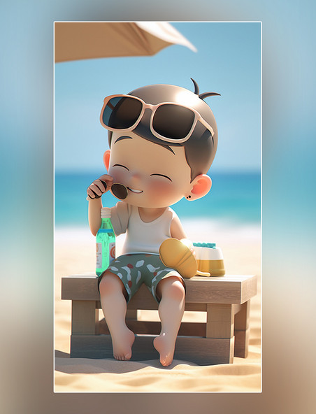 一个可爱的小男孩夏天凉爽清爽在沙滩上3d皮克斯潮流夏季海边沙滩度假c4d
