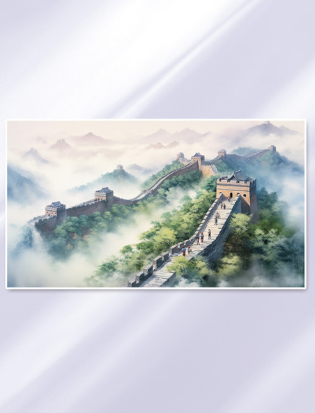 水彩风格中国风景长城插画