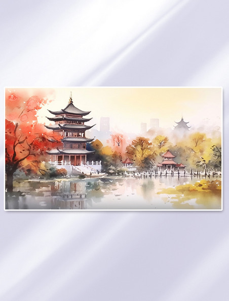 中国风水彩风黄鹤楼古代建筑风景插画