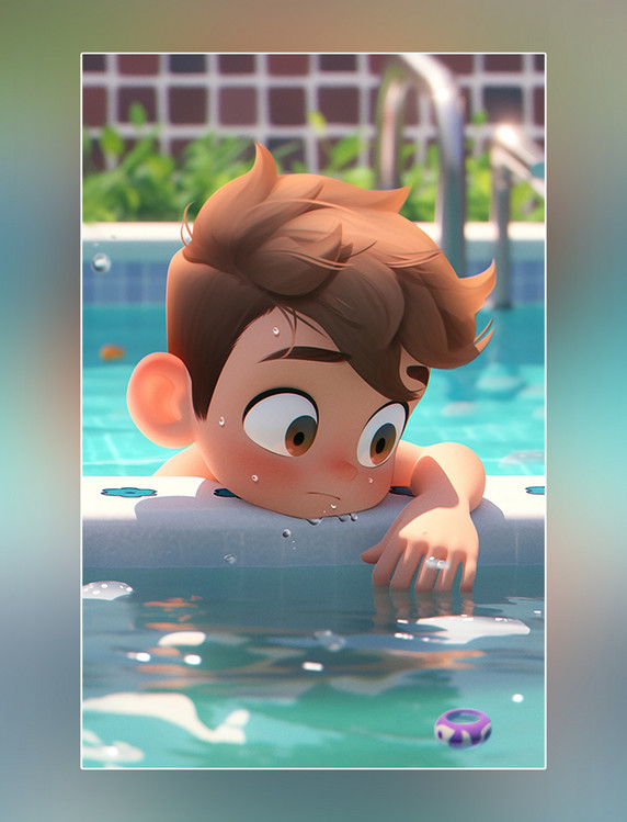夏季游泳池一个可爱的小男孩夏天凉爽清爽c4d在泳池旁边3d皮克斯潮流