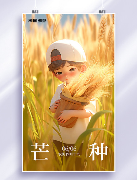 芒种24节气一个可爱的小男孩拿着麦穗在麦田节气海报