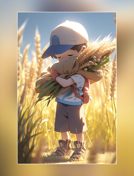 芒种节气一个可爱的小男孩拿着麦穗在麦田3d皮克斯潮流