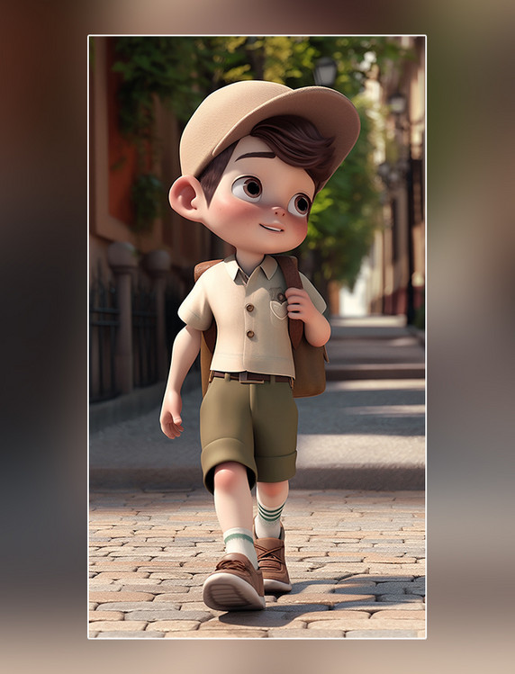 夏季一个可爱的小男孩夏天立夏凉爽清爽在路边3d皮克斯潮流c4d