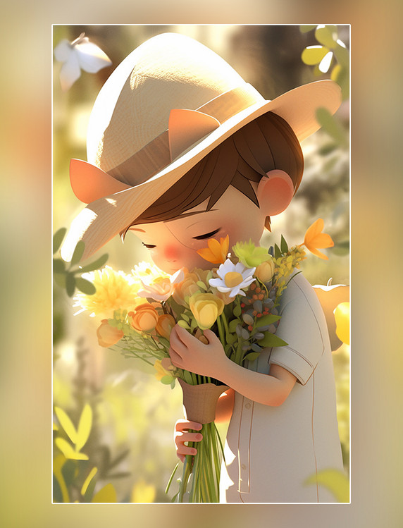 一个可爱的小男孩凉爽清爽拿着一束花3d皮克斯潮流c4d春天春季