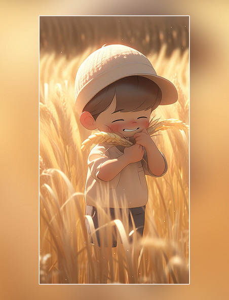 芒种节气一个可爱的小男孩拿着麦穗在麦田3d皮克斯潮流c4d