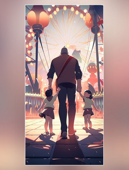 父亲节海报平面插图强壮的父亲和可爱的孩子在游乐园暖色插画