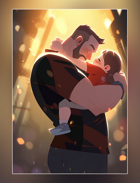 在户外晚上暖色插画父亲节海报平面插图强壮的父亲抱着可爱的孩子