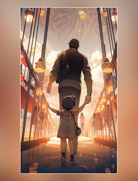 暖色插画父亲节海报平面插图强壮的父亲和可爱的孩子在游乐园