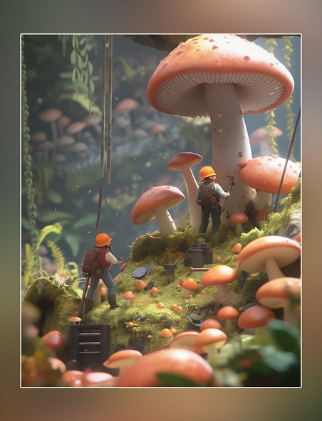 微距摄影蔬菜迷你两名工蘑菇3d渲染蔬菜帝国