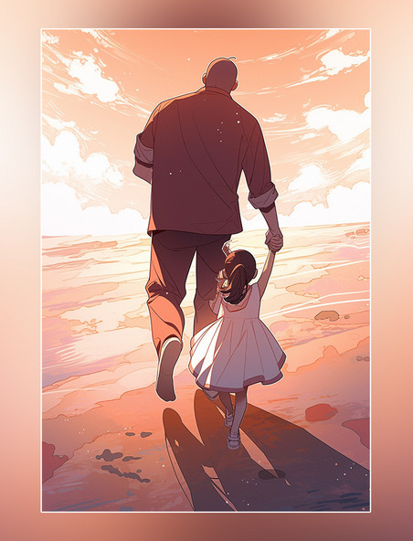 父亲节海报平面插图强壮的父亲和可爱的孩子在海边背影暖色插画