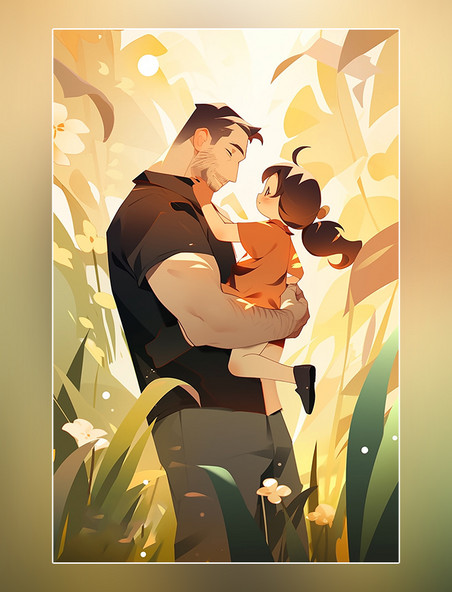 父亲节海报平面插图强壮的父亲和可爱的孩子在草原暖色插画