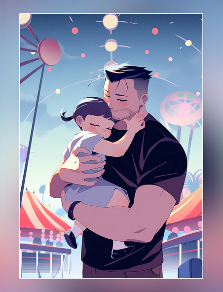 父亲节海报平面插图强壮的父亲和可爱的孩子在游乐场暖色插画